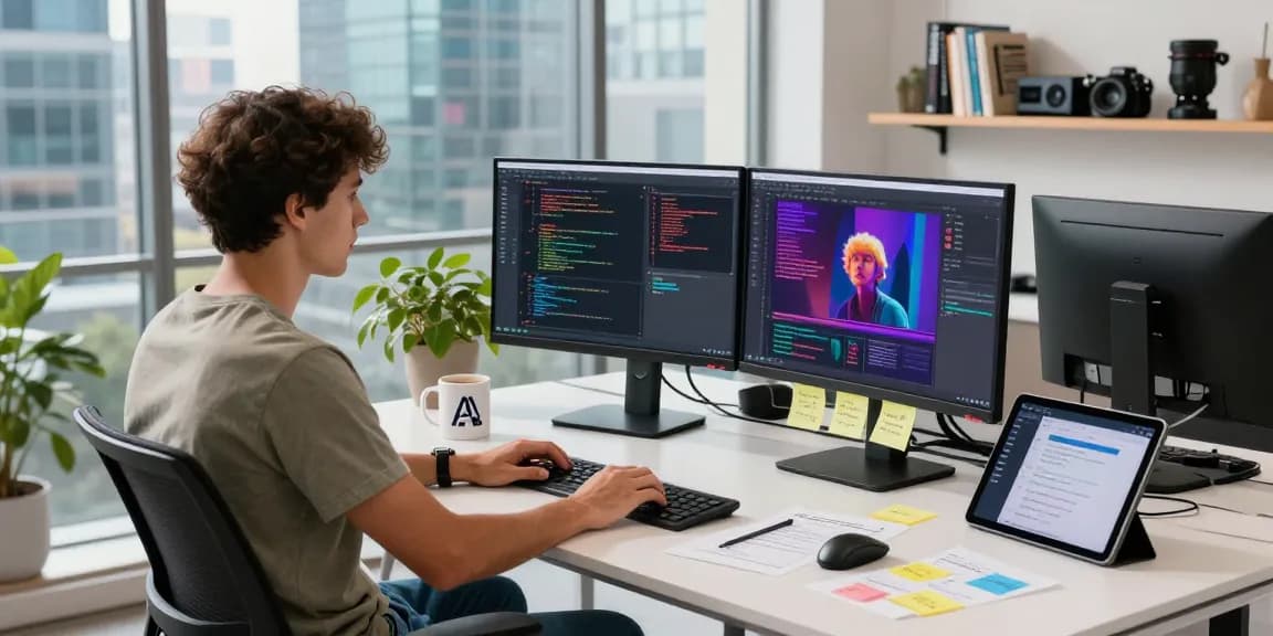 A developer using an image to prompt generator in a modern tech workspace, showcasing vibrant code and a city skyline.