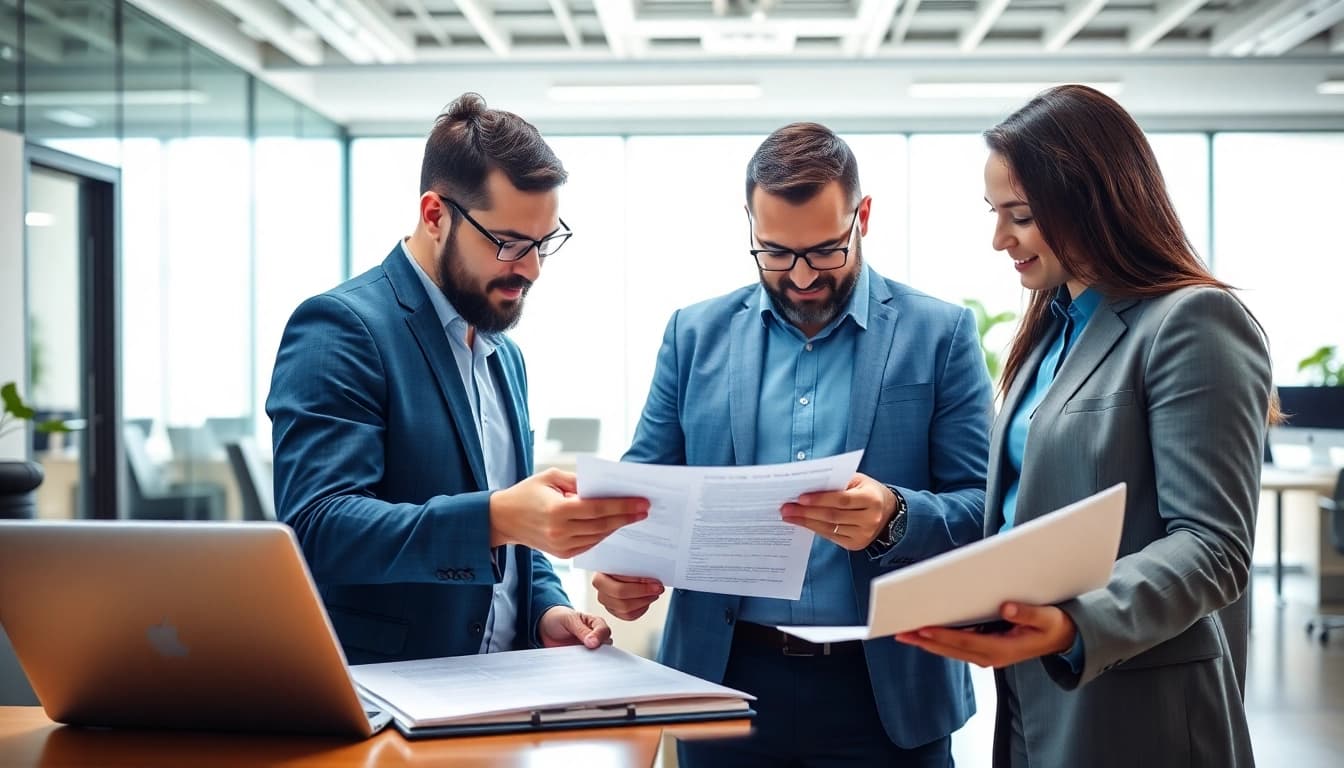 Collaborative team managing Contract Management tasks in a bright, modern office space.