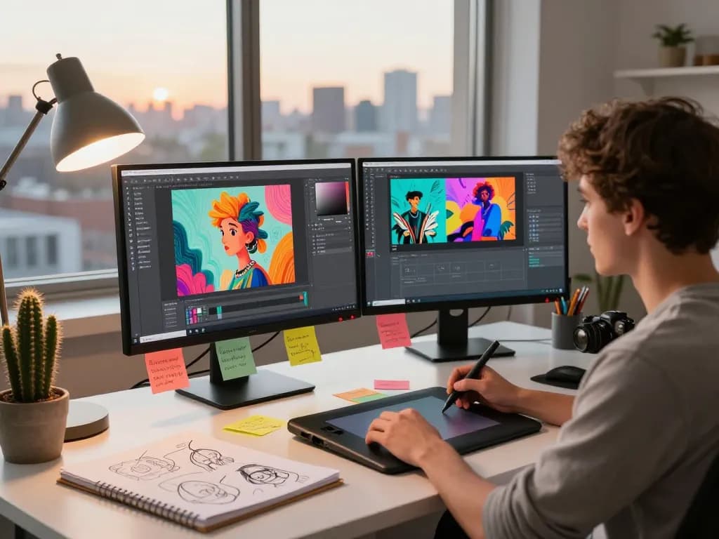 Creating stunning visuals with Nano Banana Pro at a tech workspace.