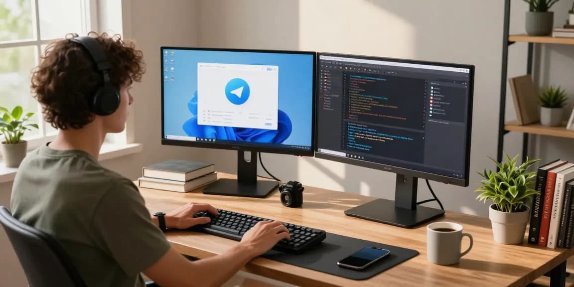 Developer focused on 纸飞机中文版 in a modern workspace with dual monitors and coding tools.