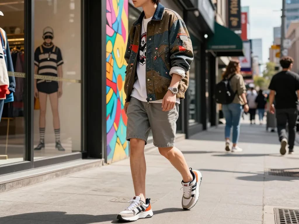 Stylish person showcasing 레플리카 fashion on a vibrant city street, surrounded by boutique storefronts and street art.