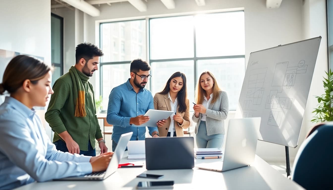 Website erstellen lassen: Kreatives Team in einem modernen Webdesign-Büro bei der Zusammenarbeit.