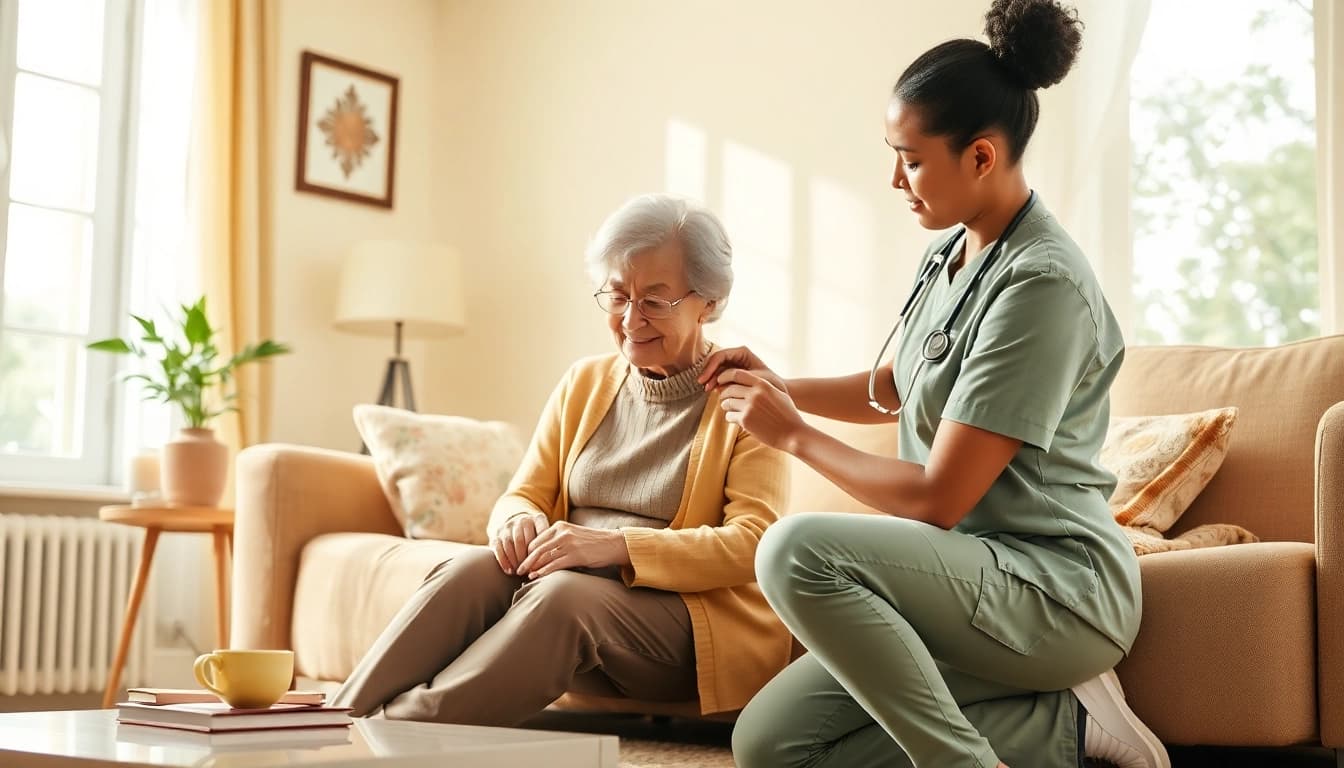 Engaging in home care for seniors with a compassionate caregiver supporting an elderly woman.