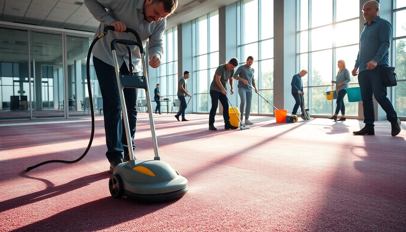 Commercial carpet cleaners effectively cleaning a vibrant office carpet with modern equipment.