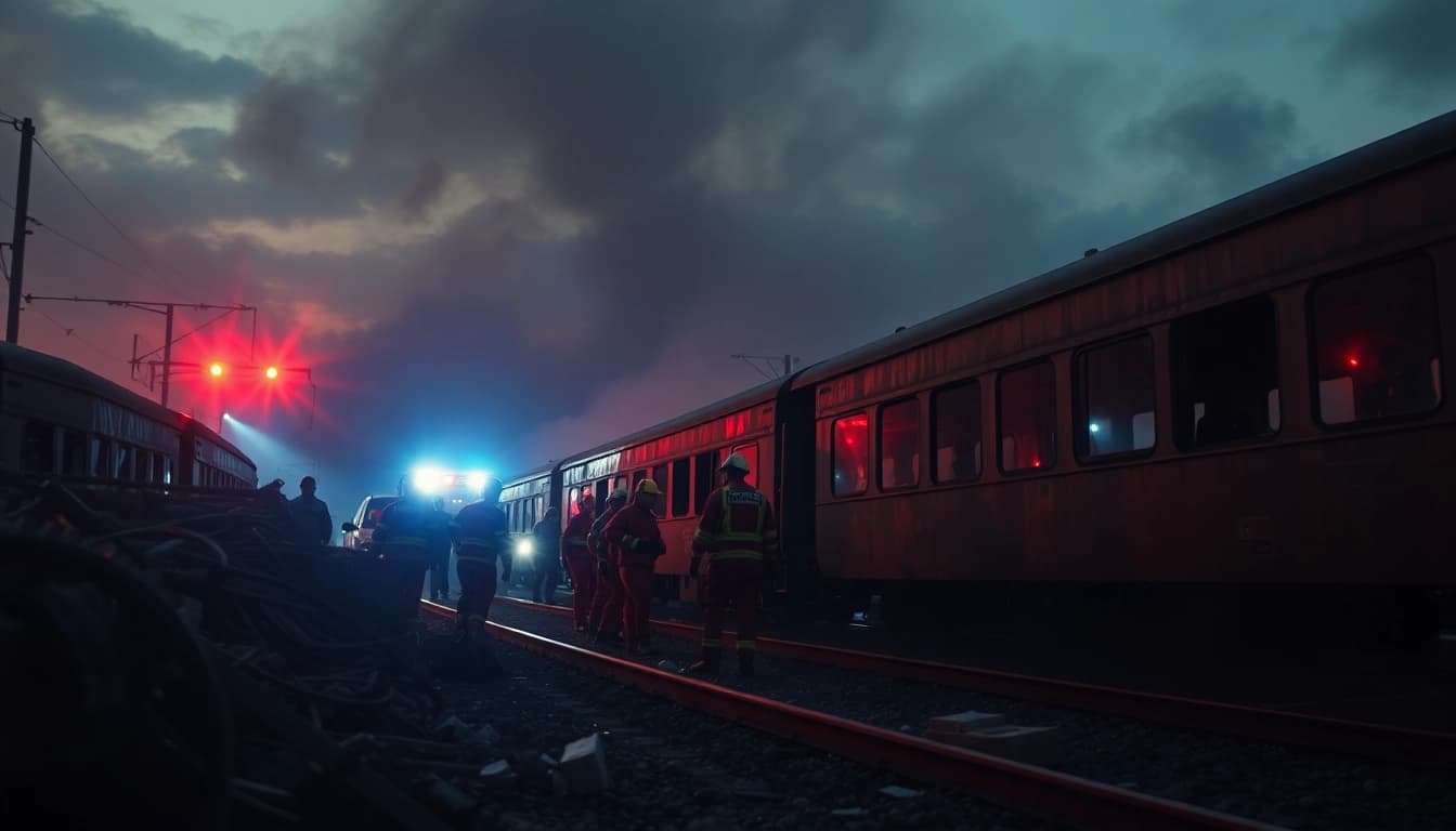 Emergency responders assist victims in the aftermath of a spain train crash, highlighting chaos and urgency.