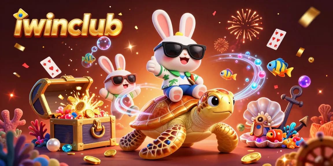 Join the fun with iwinclub as the lucky rabbit rides a golden turtle surrounded by treasure.