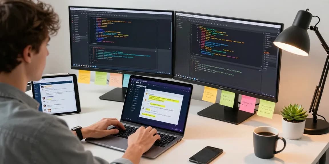Developing features for the 纸飞机中文版 app in a sleek tech workspace, showcasing code and user feedback.