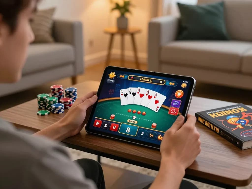 Bermain poker online di tablet, menunjukkan opsi strategis untuk paris888.