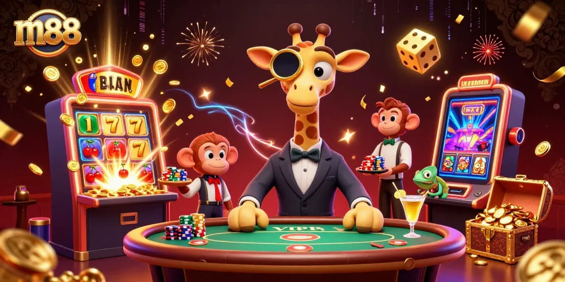 Spin the reels and win big with m88's vibrant casino scene featuring a high-roller giraffe and dynamic game elements.