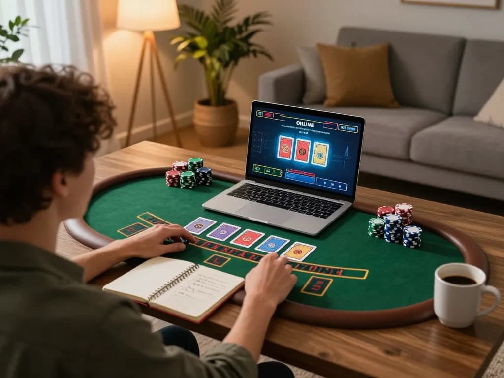 Player engaged in a strategic rr88 blackjack game at home, with online interface and cozy setting.