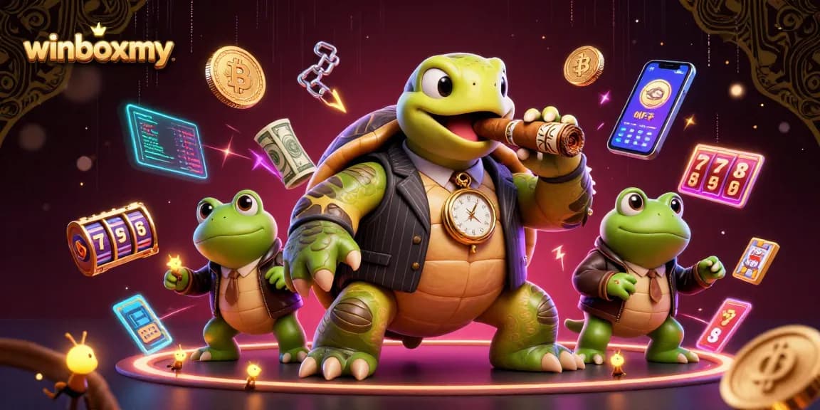 Engage with winboxmy's vibrant casino world featuring a whimsical turtle and bullfrog enforcers.