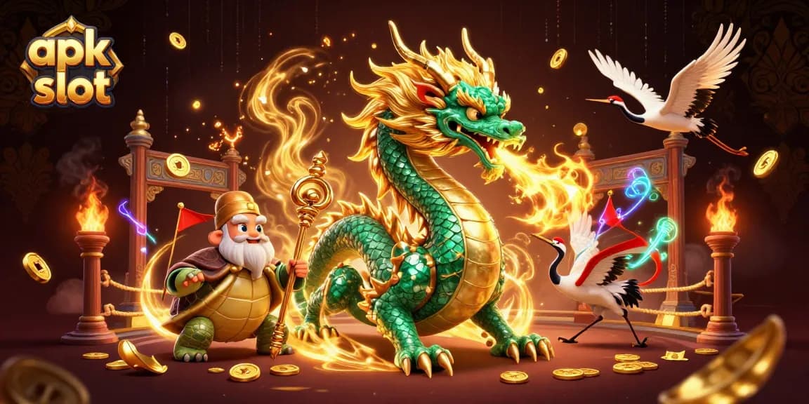 Permainan apk slot menampilkan naga hijau giok dengan efek api emas dan simbol keberuntungan, menciptakan suasana kasino yang menggembirakan.