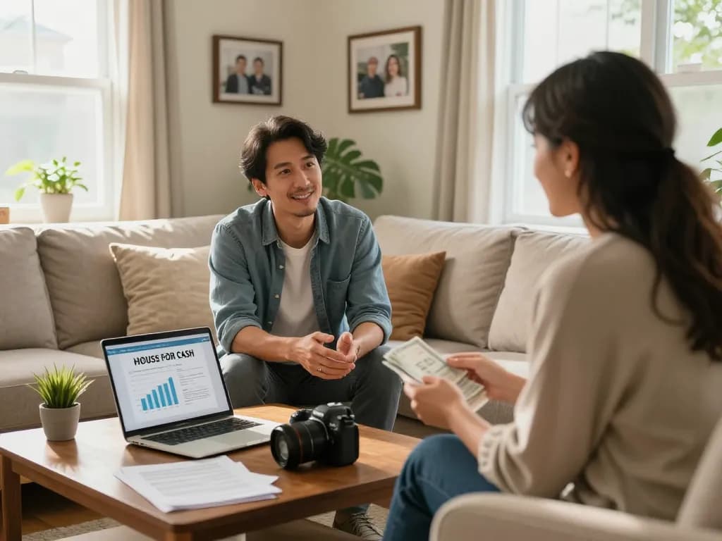 Homeowner discussing how to sell my house fast for cash in a cozy living room with a cash buyer.