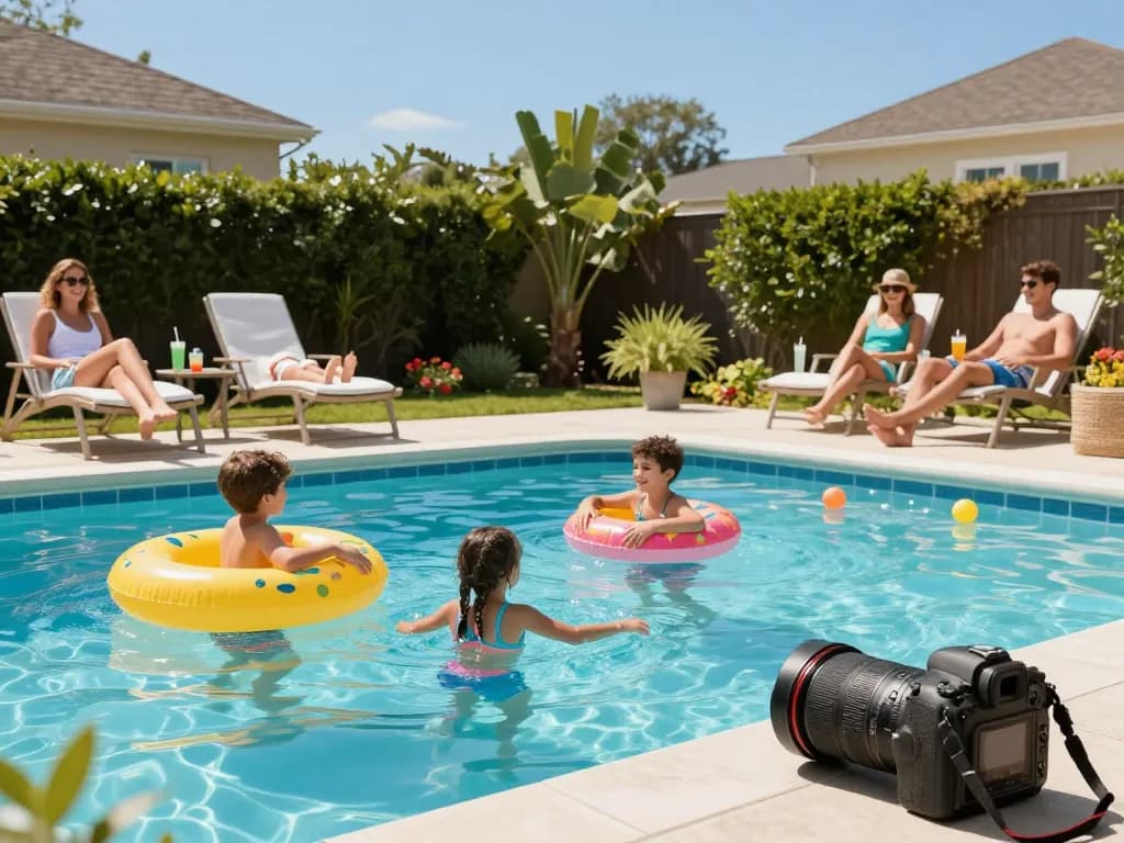 Dolphin Pool Services ensuring a vibrant backyard pool with a happy family enjoying clean water and a sunny day
