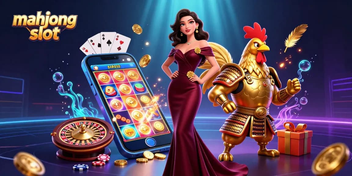 Engage with mahjong slot in a vibrant casino scene showcasing a glamorous woman and golden rooster warrior.