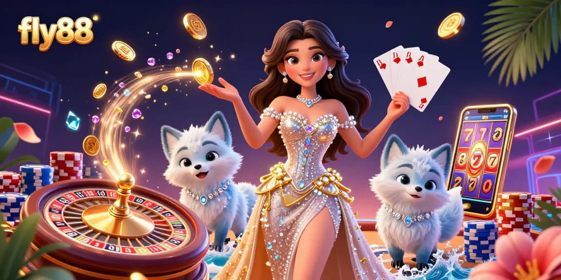 Experience the thrill of gaming with fly88, featuring vibrant 3D casino elements and characters in action.