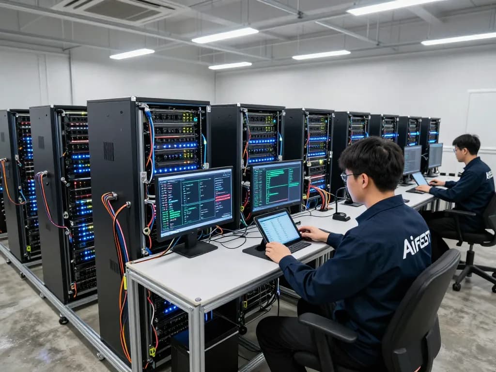 AI crypto mining facility with advanced rigs and performance monitoring, showcasing innovation.