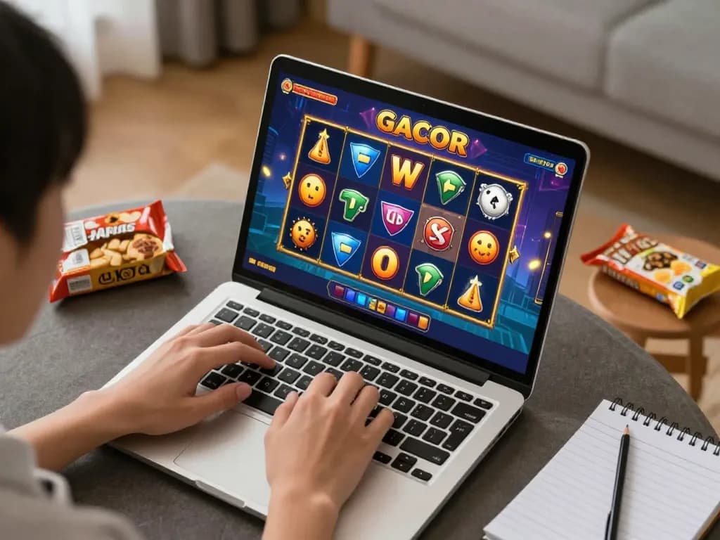 Playing toto slot gacor on a laptop in a cozy home environment, showcasing dynamic gaming action.