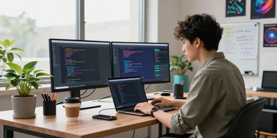 Developer coding on 纸飞机中文版 app in a vibrant tech workspace filled with gadgets and natural light.