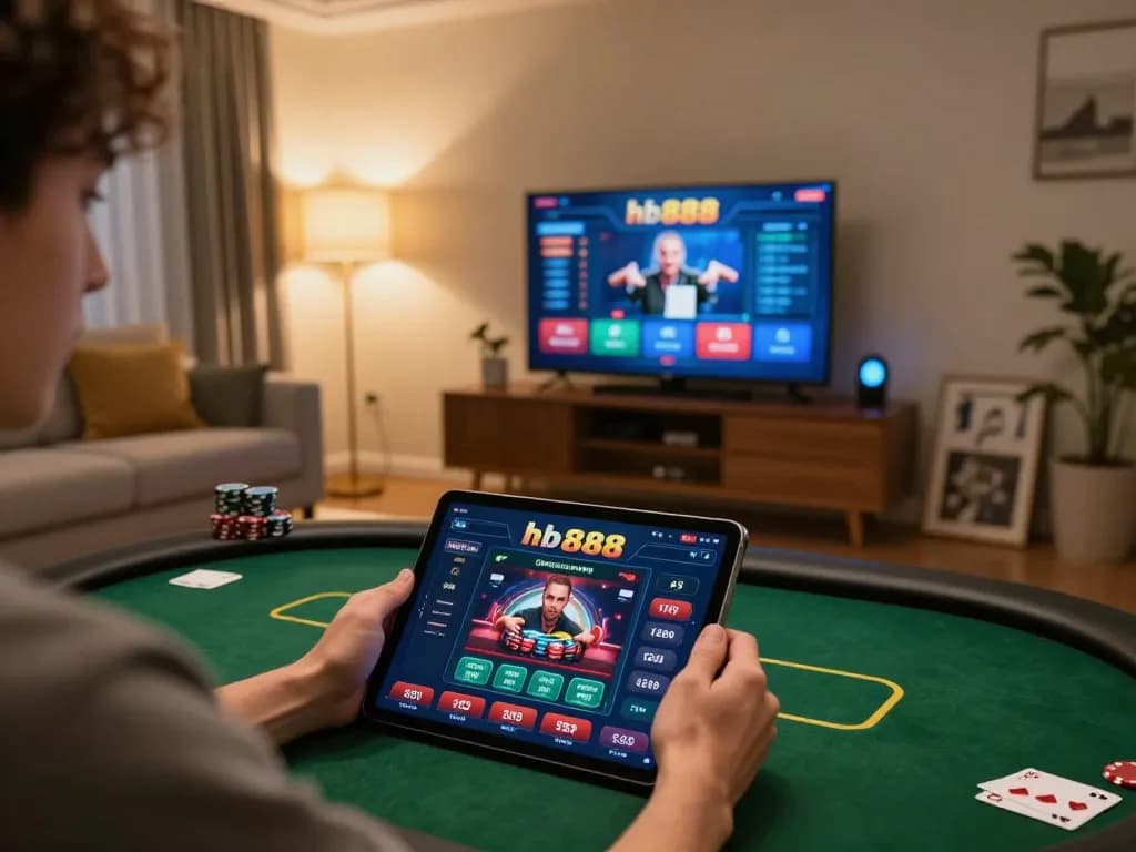 Play poker from home using the hb888 app on a tablet, creating an engaging online gambling experience