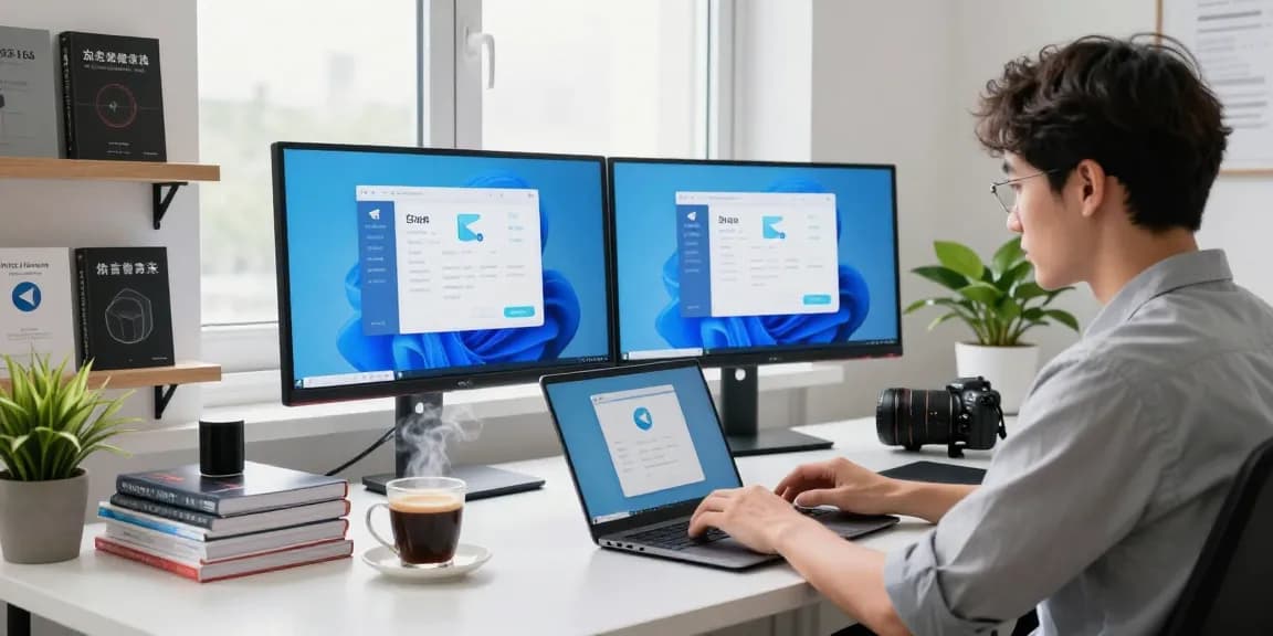 Dynamic workspace showcasing telegram中文版 on dual monitors, emphasizing modern digital communication.