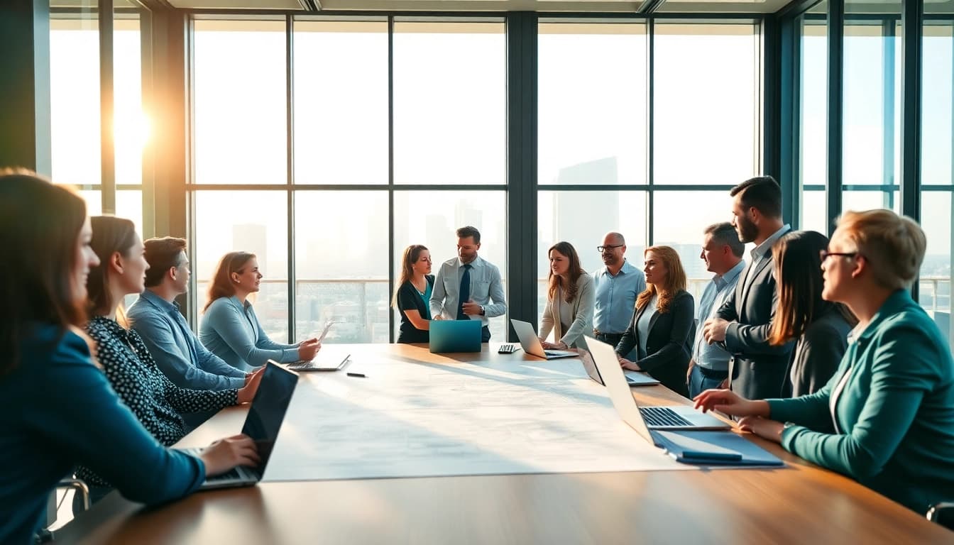 Engage in construction advocacy discussions with diverse professionals at a modern office meeting.
