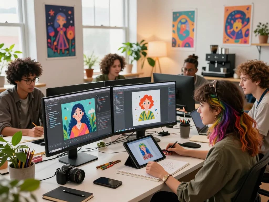 The Nano Banana AI image editor in action, showcasing diverse artists creating vibrant digital art together.