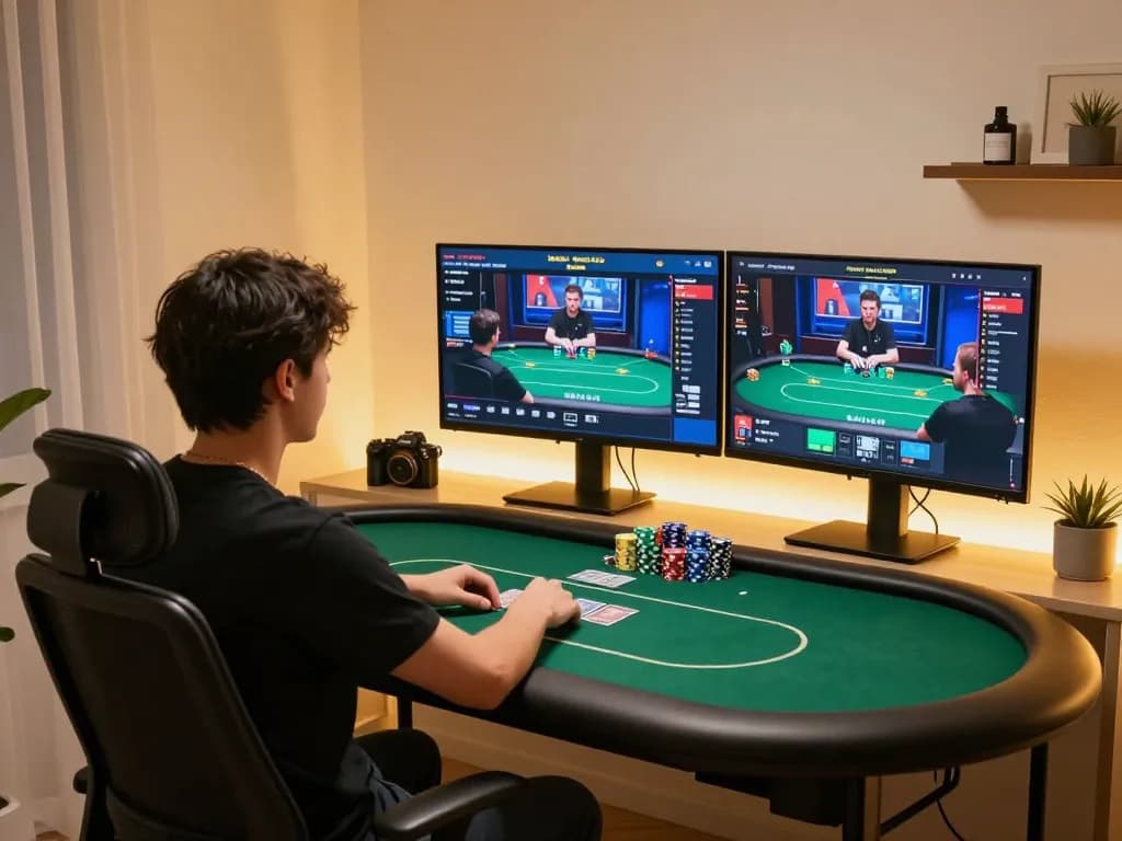 Menunjukkan adegan permainan poker online yang menarik dengan oracle apps hub di beberapa layar dalam pengaturan rumah yang nyaman