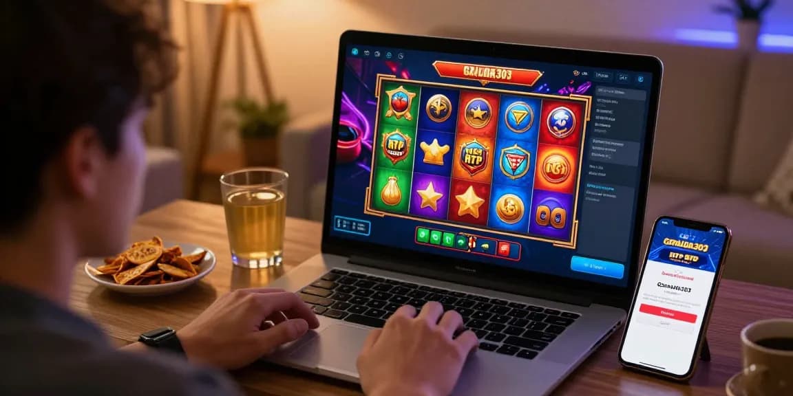 Player enjoying garuda303 login on modern gaming device with vibrant slot reels and cozy atmosphere.