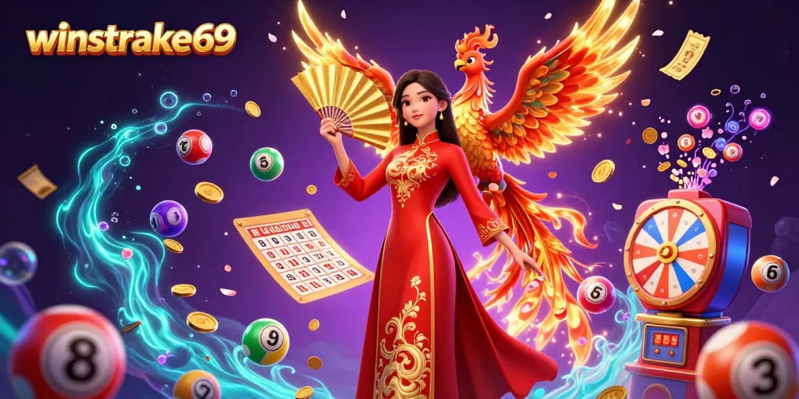 Engaging scene featuring winstrike69 with dynamic lottery elements, a graceful woman in ao dai, and a phoenix.