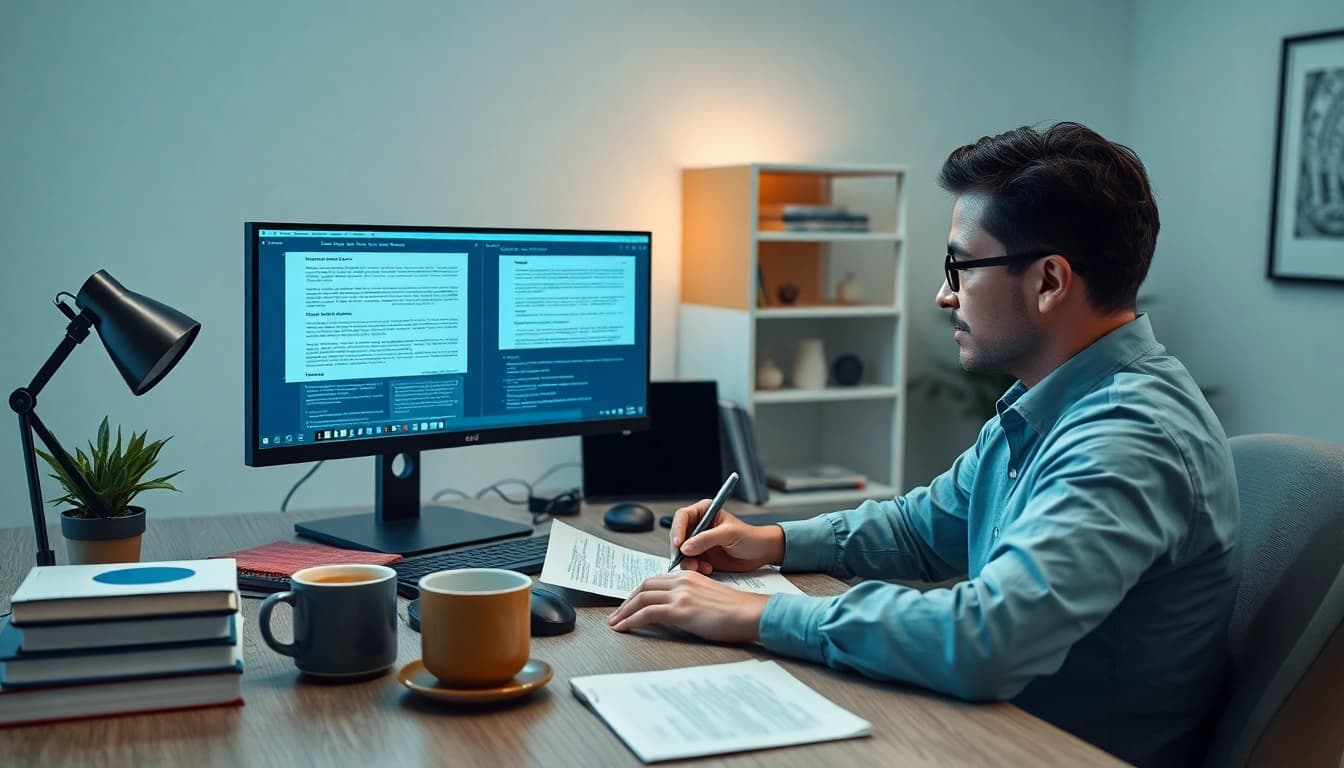 Traducteur assermenté en ligne travaillant dans un bureau moderne, présentant des outils de traduction et une attitude concentrée.