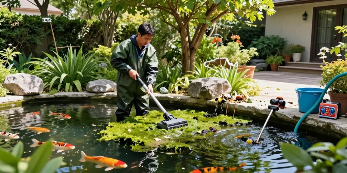 Pond Cleaning Essex service with professional cleaner tending to a vibrant garden pond