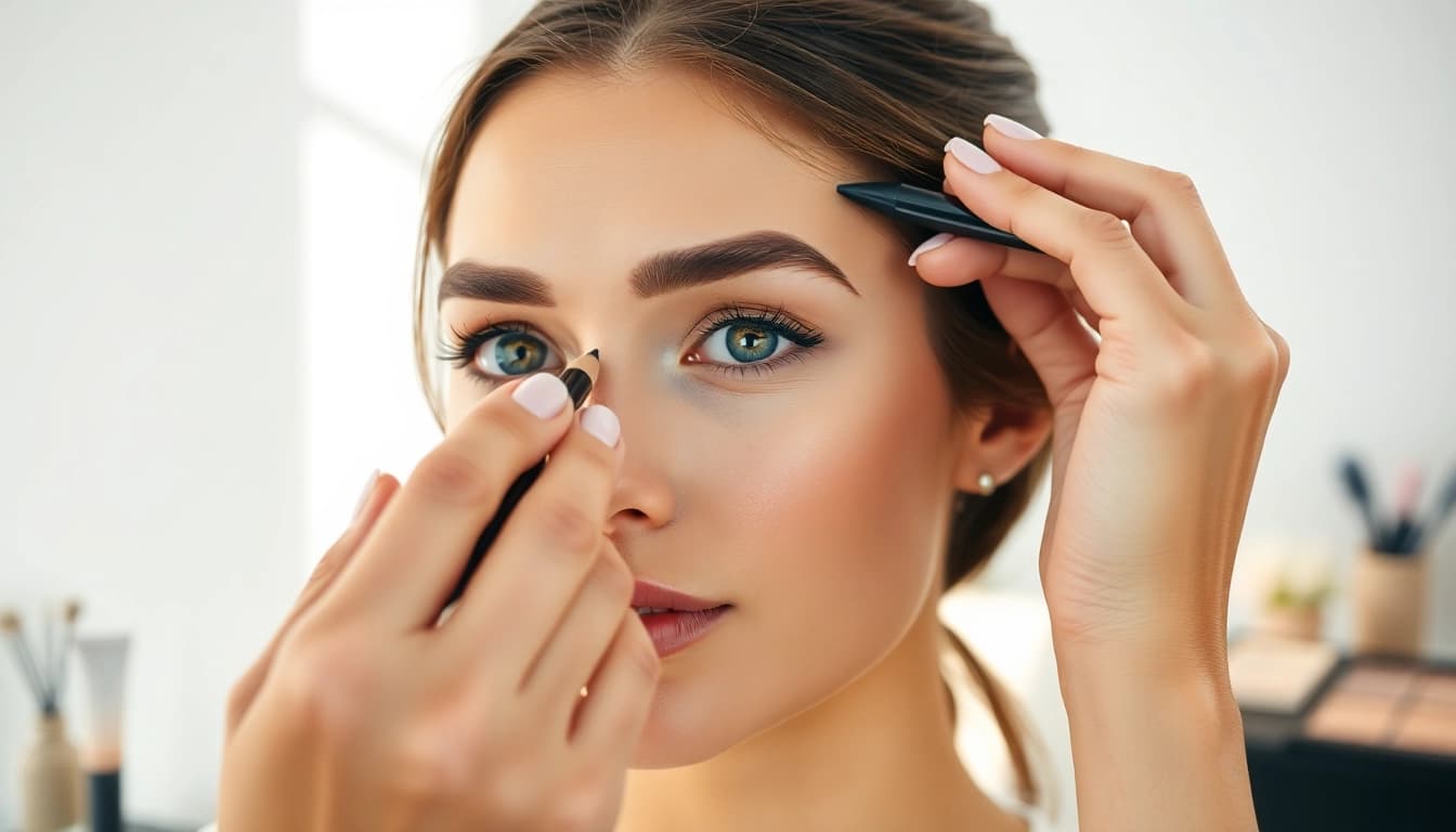 Enhancing pencil eyebrows with precision in a bright makeup studio setting.