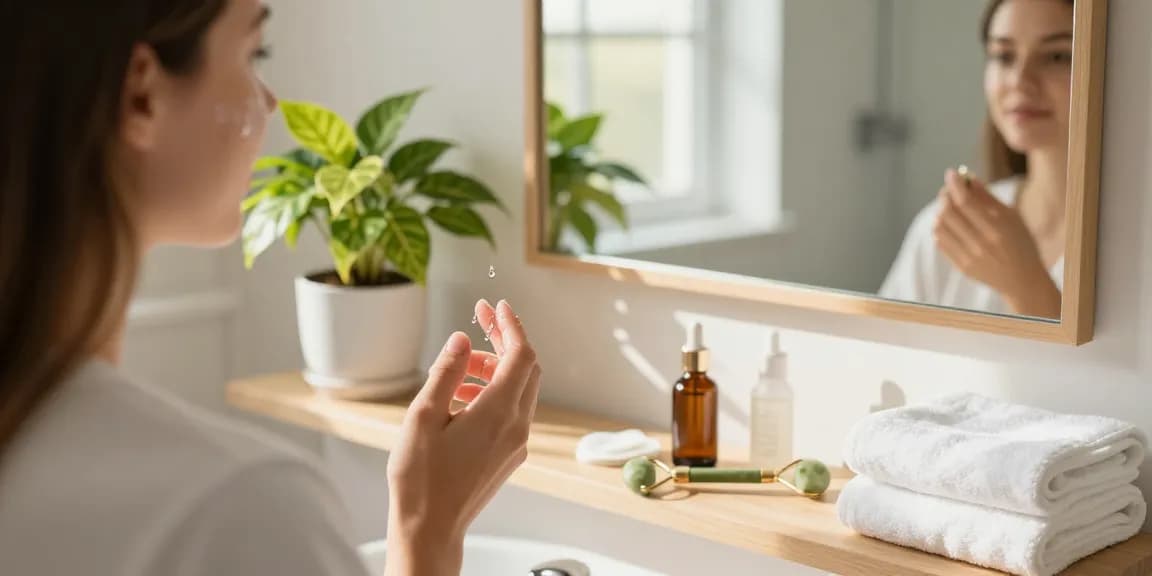 Aplicând ser facial într-o baie luminoasă, prezentând o rutină de îngrijire a pielii cu produse de beauty.