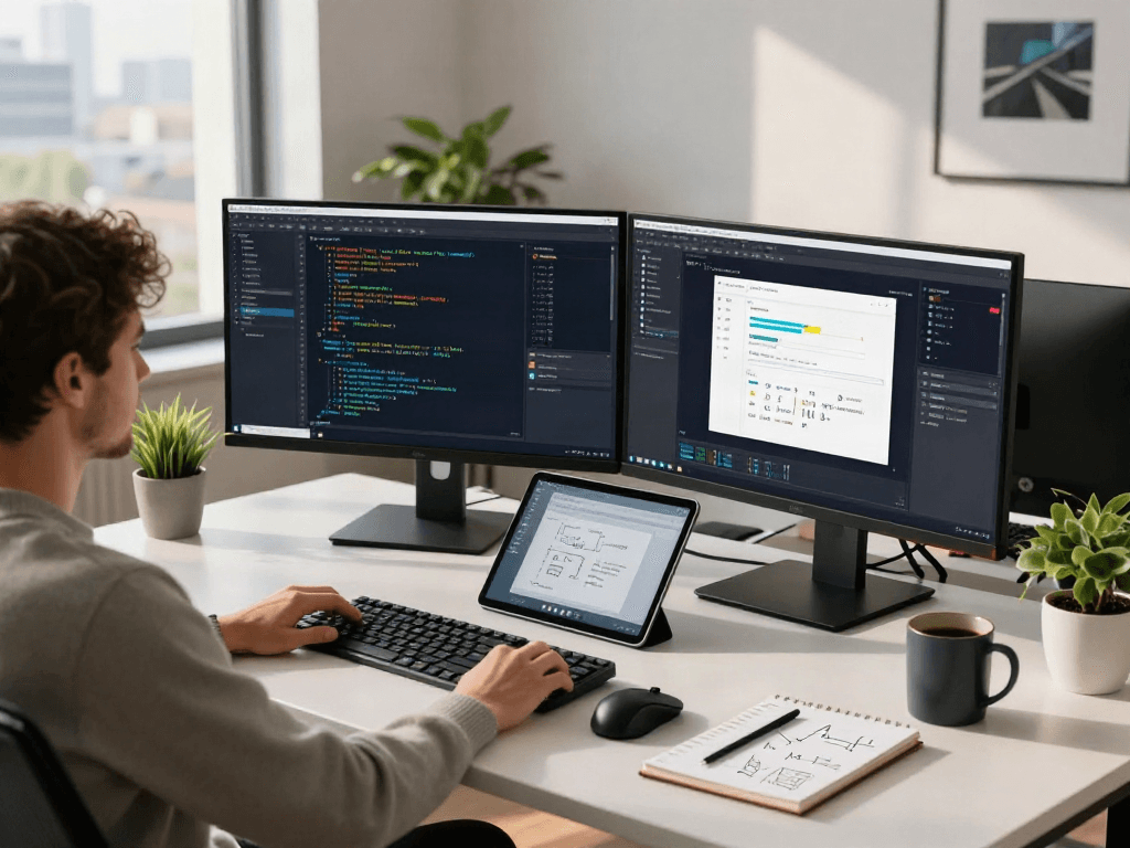 Developer coding with bro138 link on dual monitors in a modern workspace