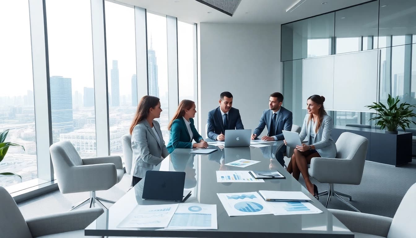 Audit Services in Dubai showcased in a modern office setting with business professionals discussing financial reports.