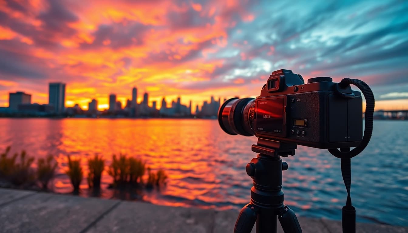 Showcase of a photography company Edmonton capturing vibrant city sunsets with expert equipment.