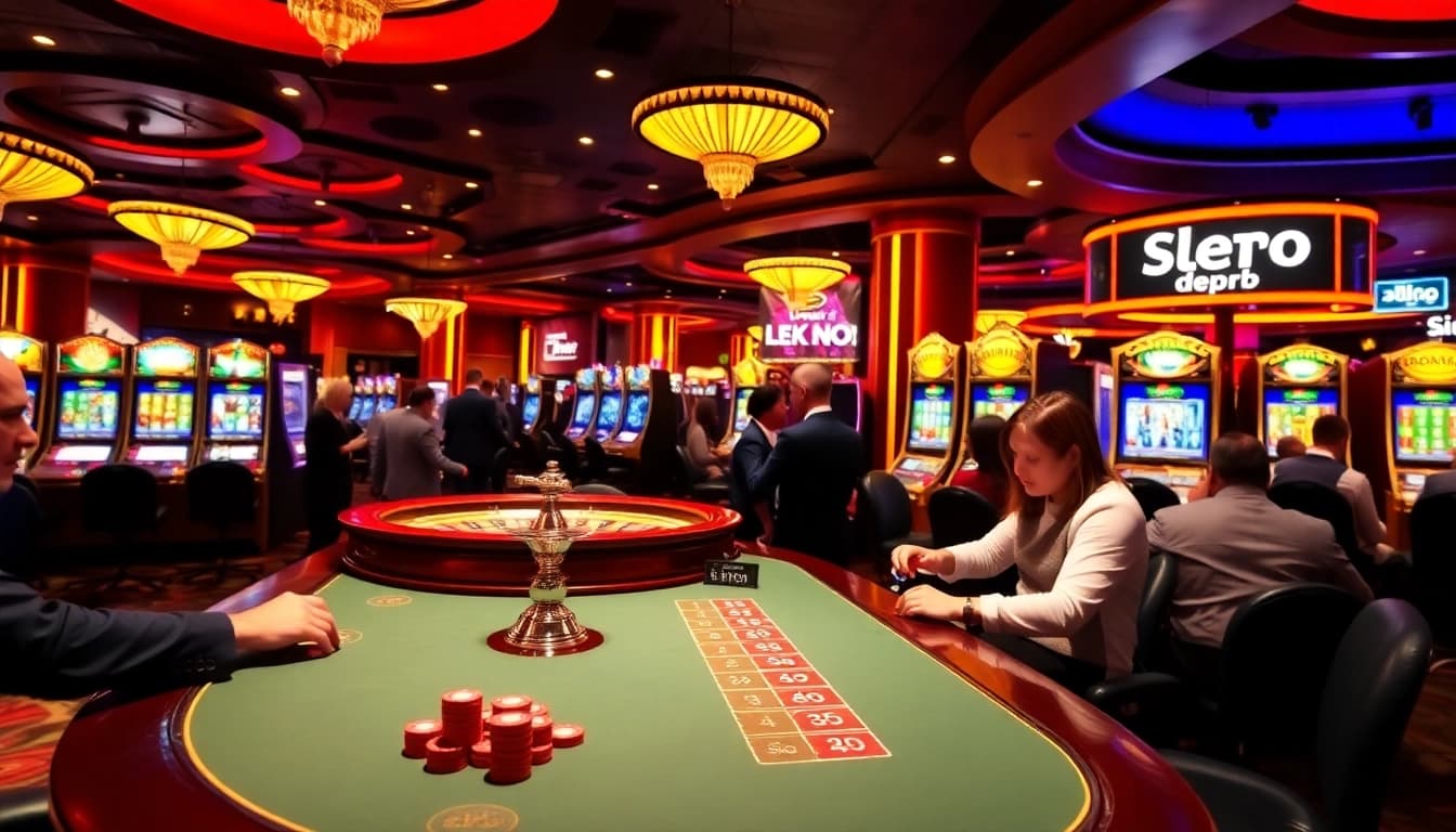 Experience the thrill of slot depo 5rb in a vibrant casino scene with engaged players and colorful machines.