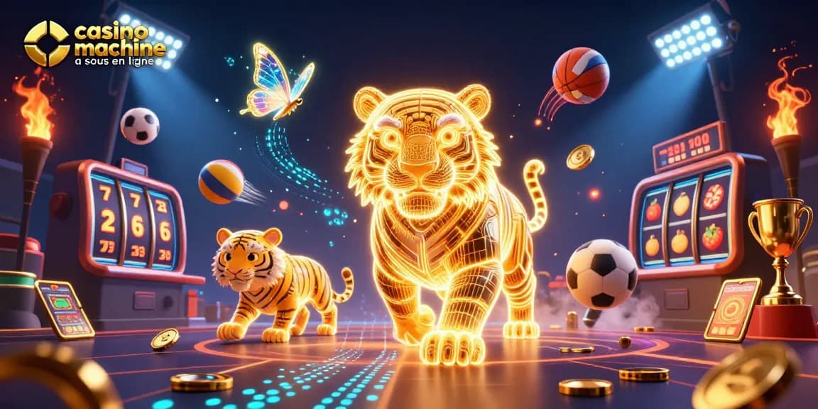 Découvrez une illustration dynamique de casino machine à sous en ligne avec un tigre lumineux et des éléments de jeu.