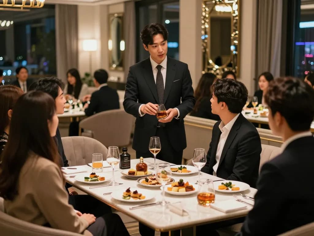 Experience luxury at 강남쩜오 with premium whiskey and gourmet appetizers in an exclusive room salon setting.