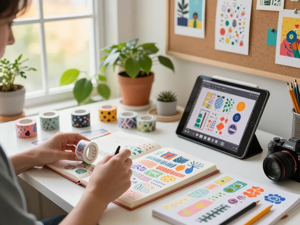 Designing custom washi tape surrounded by colorful materials and natural light.