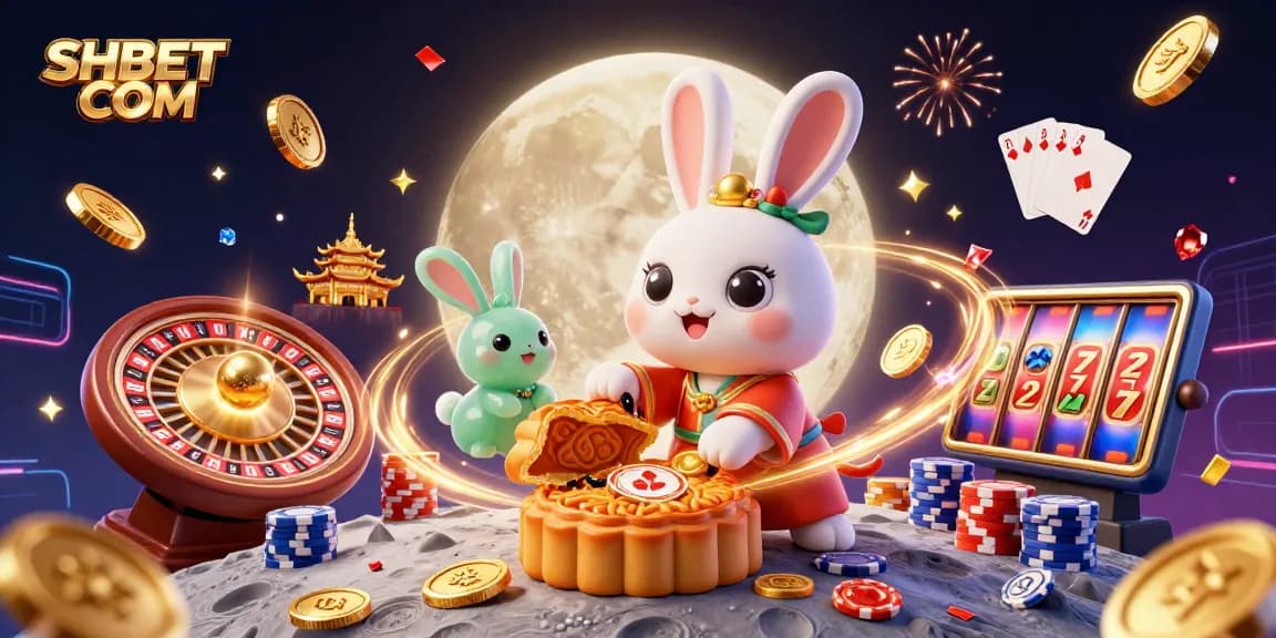 Experience thrilling casino adventures at SHBET COM with cartoon moon rabbit, golden mooncakes, and vibrant gaming elements.