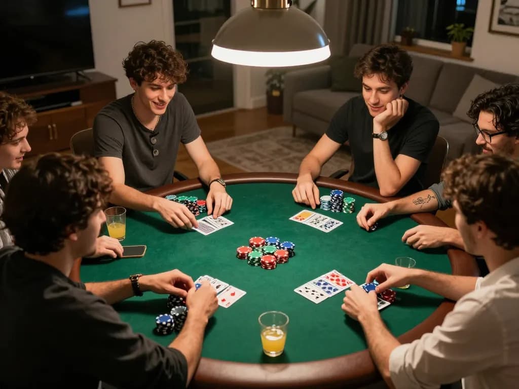 ONEBETASIA home poker night scene showcasing friends enjoying a competitive game with chips and cards.