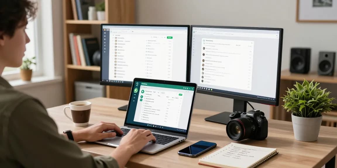 Person using WhatsApp電腦版 in a stylish home office, dual monitors with chat windows, laptop showing messages, cozy atmosphere.