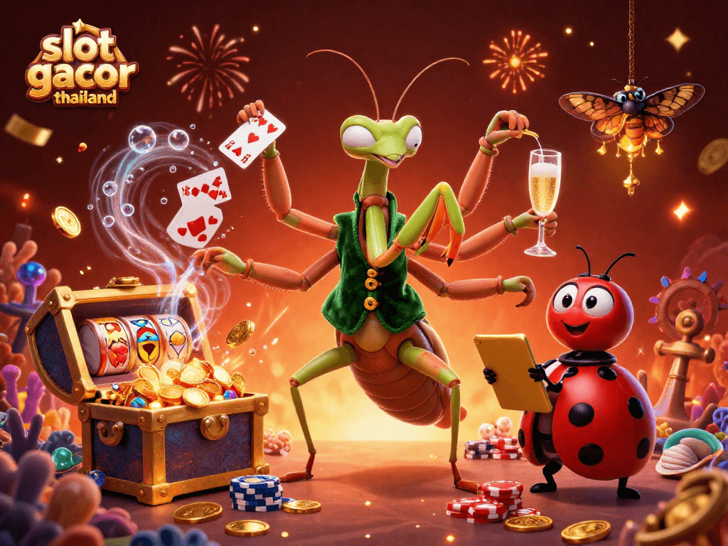 Engage with the thrilling atmosphere of slot gacor thailand featuring a vibrant scene with a giant praying mantis dealing cards amidst sparkling treasures.