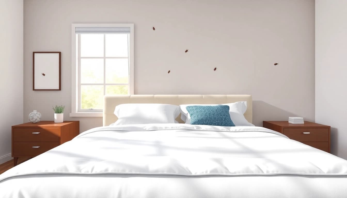Illustration showcasing affordable bed bug treatment in a modern bedroom, emphasizing comfort and cleanliness.