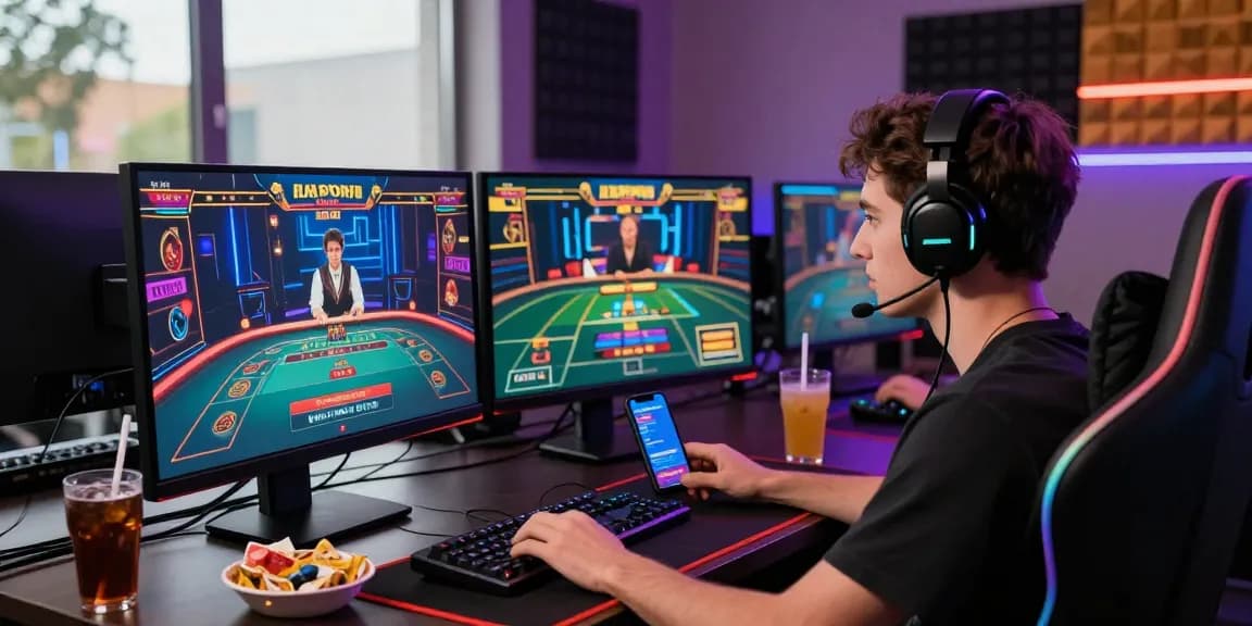 Engaging gaming setup featuring raja328 situs with multiple monitors in a vibrant gambling atmosphere.