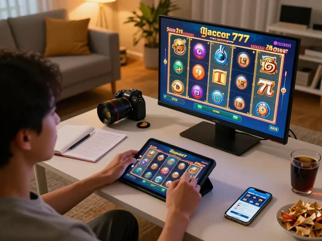 Engaging in slot gacor 777 gameplay on a tablet, showcasing the immersive online gambling experience at home