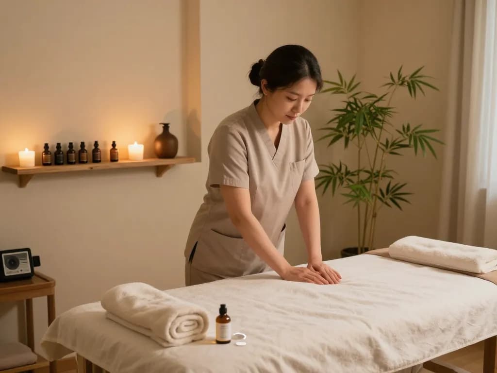 Serene massage therapy room showcasing elements of 부전동마사지, including oils, towels, and calming decor.