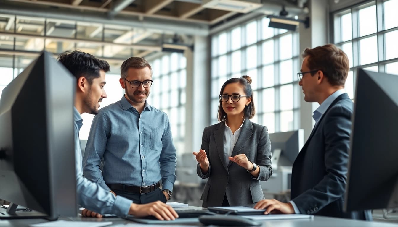 Showcase of IT infrastructure services with a diverse team in a modern office setting.
